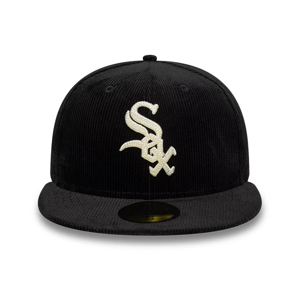 Chicago White Sox MLB Cord Black New Era 59FIFTY Fitted Cap, front view showing a raised white embroidered logo on the corduroy textured crown, with a flat black visor and a gold 59FIFTY size sticker.