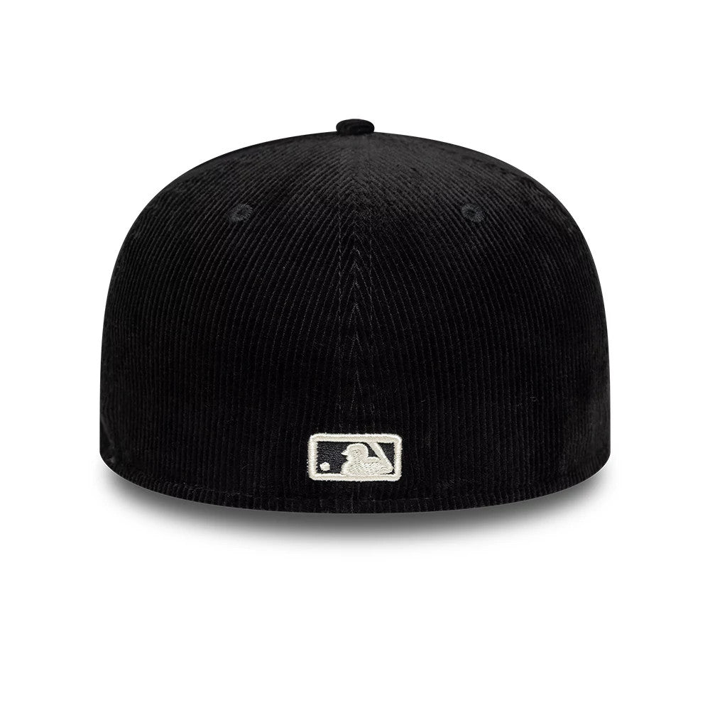 Chicago White Sox MLB Cord Black New Era 59FIFTY Fitted Cap, rear view showing the white embroidered MLB Batterman logo at the centre back, with the black corduroy fabric texture on the structured crown.