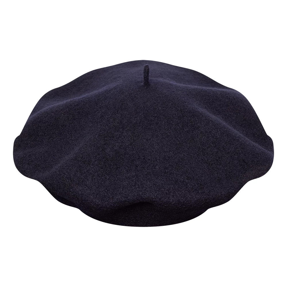 New Era New York Yankees Womens MLB Wool Navy Beret, front view featuring a smooth, rounded design with a raised top button in rich navy wool, highlighting the classic beret shape.