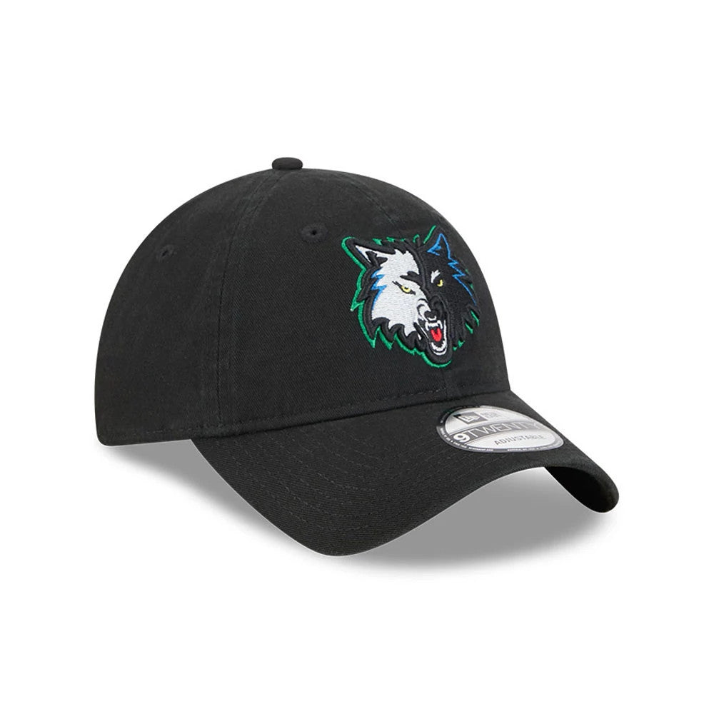 Minnesota Timberwolves NBA Classic Black New Era 9TWENTY Adjustable Cap, three-quarter view showing the Timberwolves logo with raised embroidery on the front panel, curved visor and 9TWENTY size sticker affixed on the top.