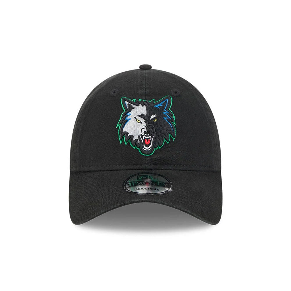Minnesota Timberwolves NBA Classic Black New Era 9TWENTY Adjustable Cap, front view showing the embroidered Timberwolves logo in blue and grey on the front panel above the curved visor with a 9TWENTY size sticker.