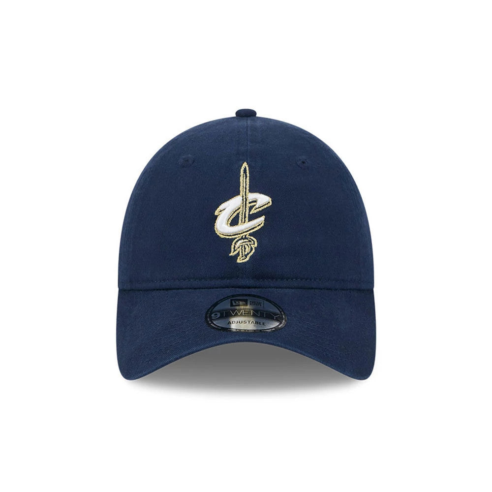 Cleveland Cavaliers NBA Classic Dark Blue New Era 9TWENTY Adjustable Cap, front view showing the gold embroidered Cavaliers logo on the structured dark blue front panel and the 9TWENTY size sticker on the curved visor.