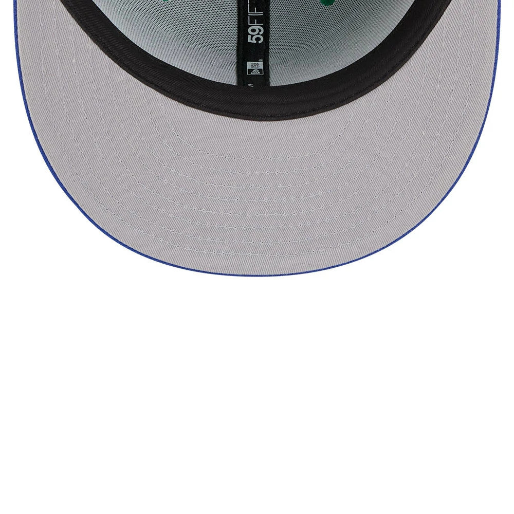Dallas Mavericks NBA Classic Green New Era 59FIFTY Fitted Cap, inside view showing the black sweatband, grey undervisor, black taping with white 59FIFTY branding and the MLB Batterman logo on the taping.