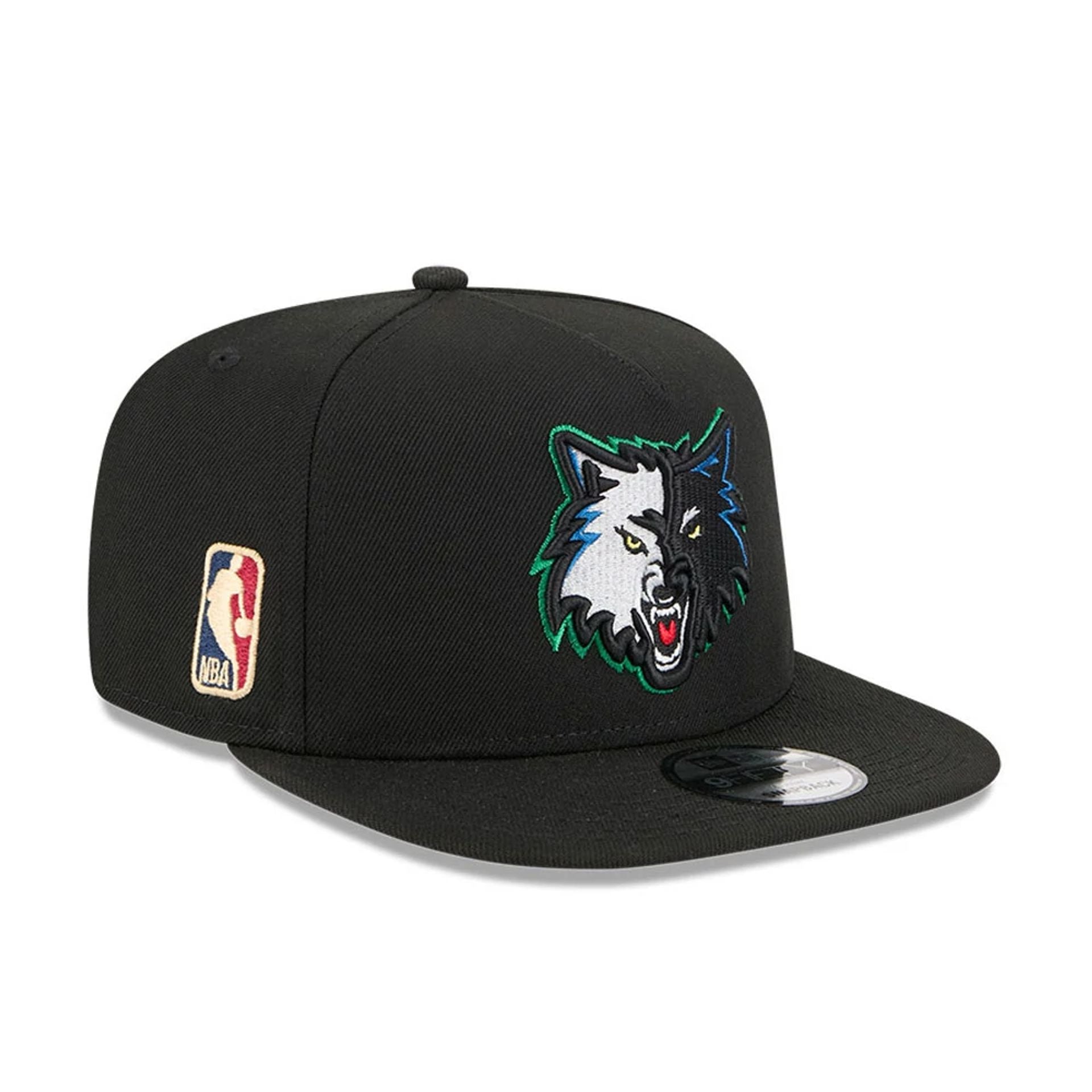 Pictured is this NBA Classic Minnesota Timberwolves 9FIFTY A-Frame Snapback Adjustable cap in black. 1
