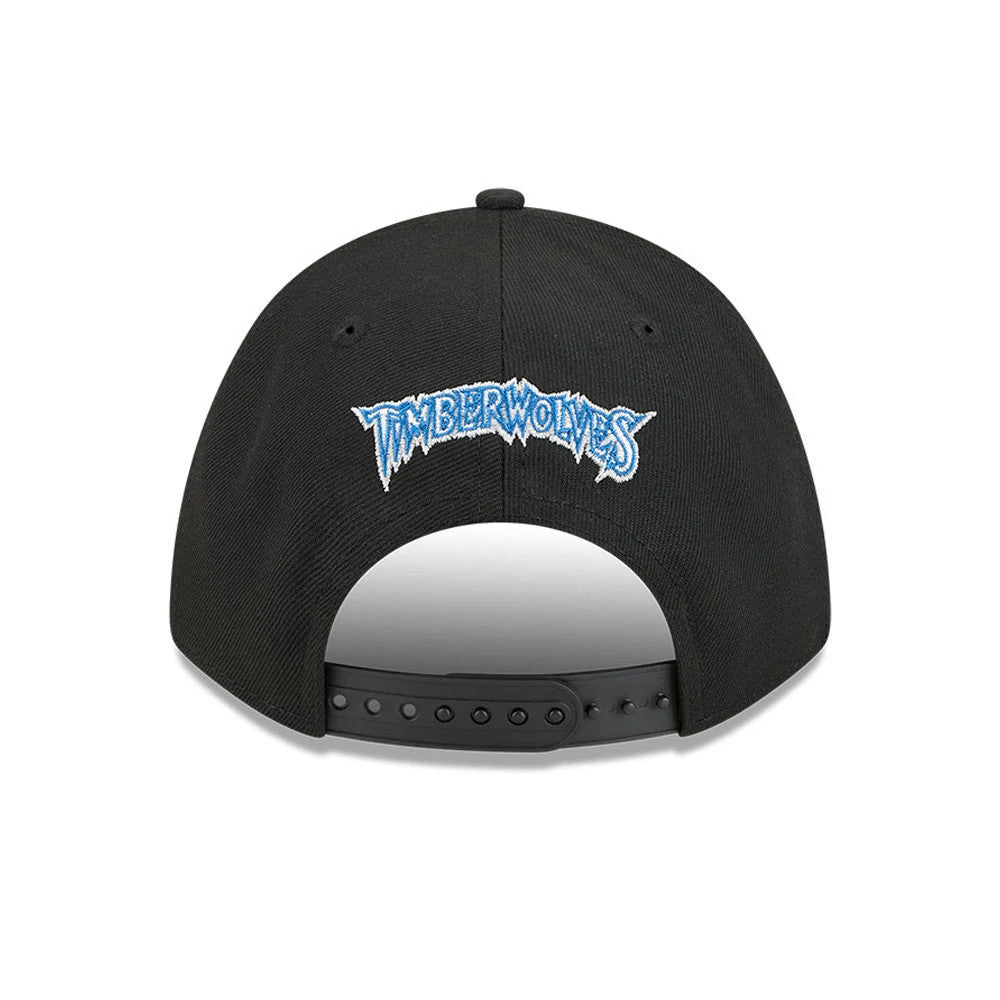 Minnesota Timberwolves NBA Classic Black New Era 9FORTY M-Crown Adjustable Cap, rear view showing the blue and white embroidered Timberwolves logo arching across the back opening above the black adjustable strap.