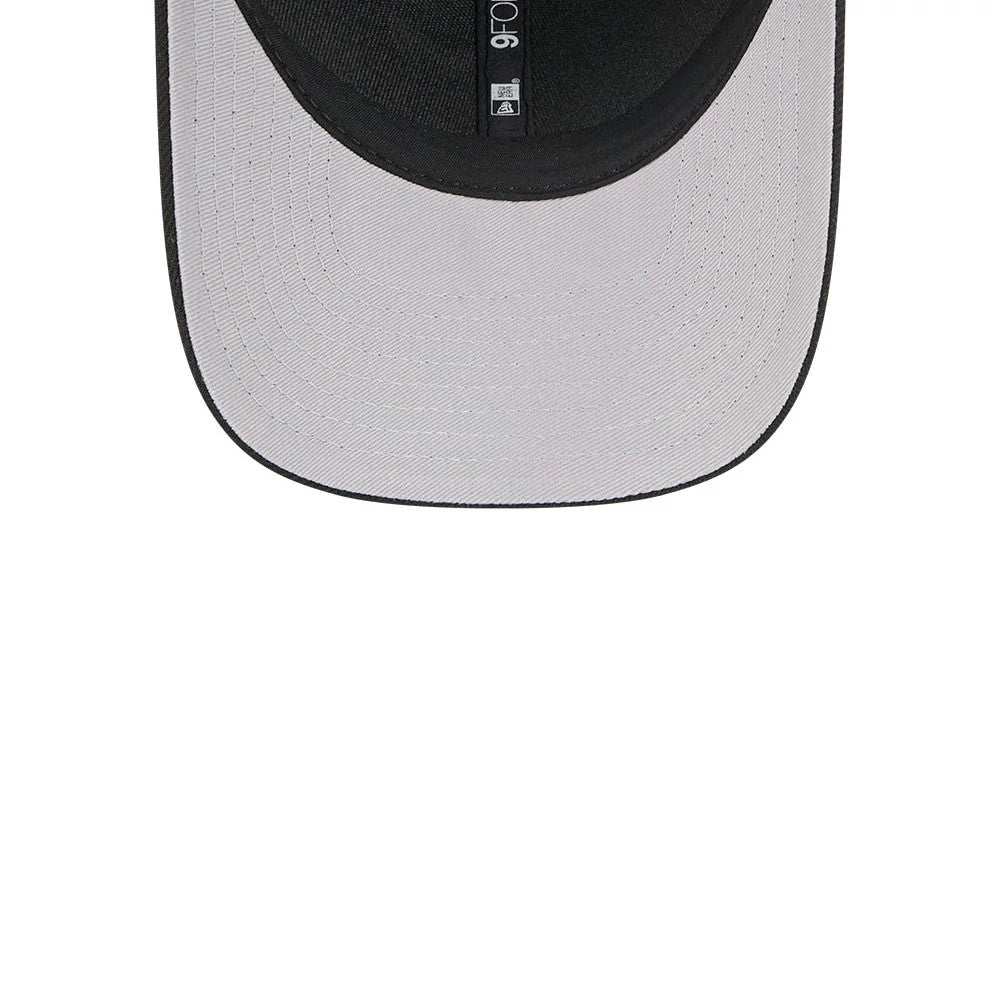 Minnesota Timberwolves NBA Classic Black New Era 9FORTY M-Crown Adjustable Cap, inside view showing the grey undervisor with a central black 9FORTY size sticker and contrasting black sweatband.