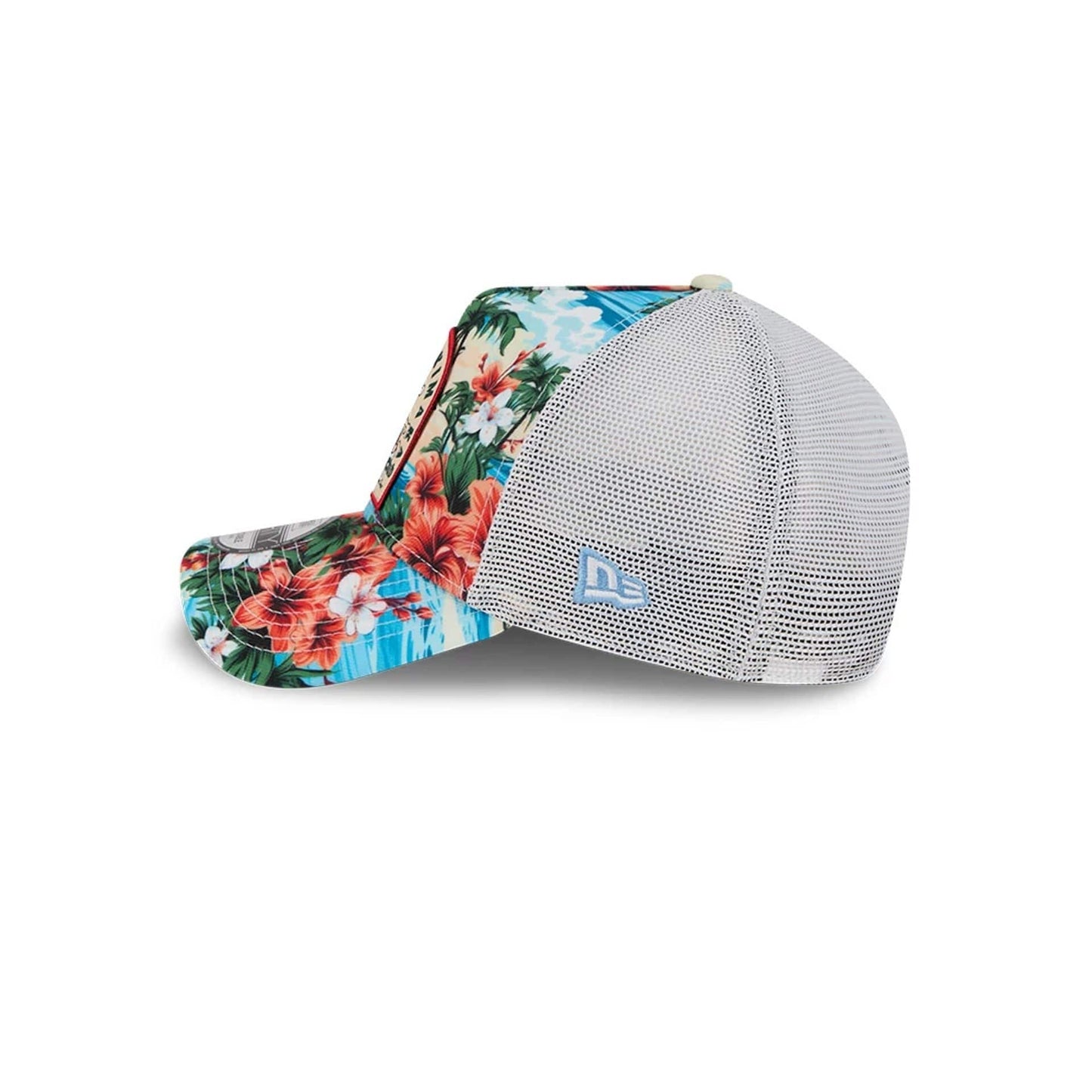 Pictured is this New Era Holiday Essentials 9FORTY A-Frame Trucker cap in white. 7