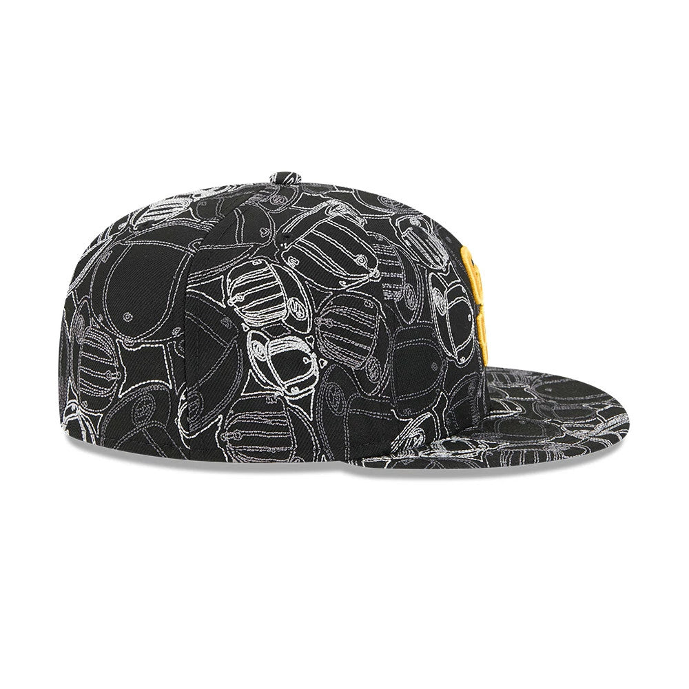 San Diego Padres MLB Cap Scramble Black New Era 59FIFTY Fitted Cap, side view showing white sketch-style cap graphics on the black crown and visor, with a slightly curved structured visor and a pop of gold from the front logo embroidery.