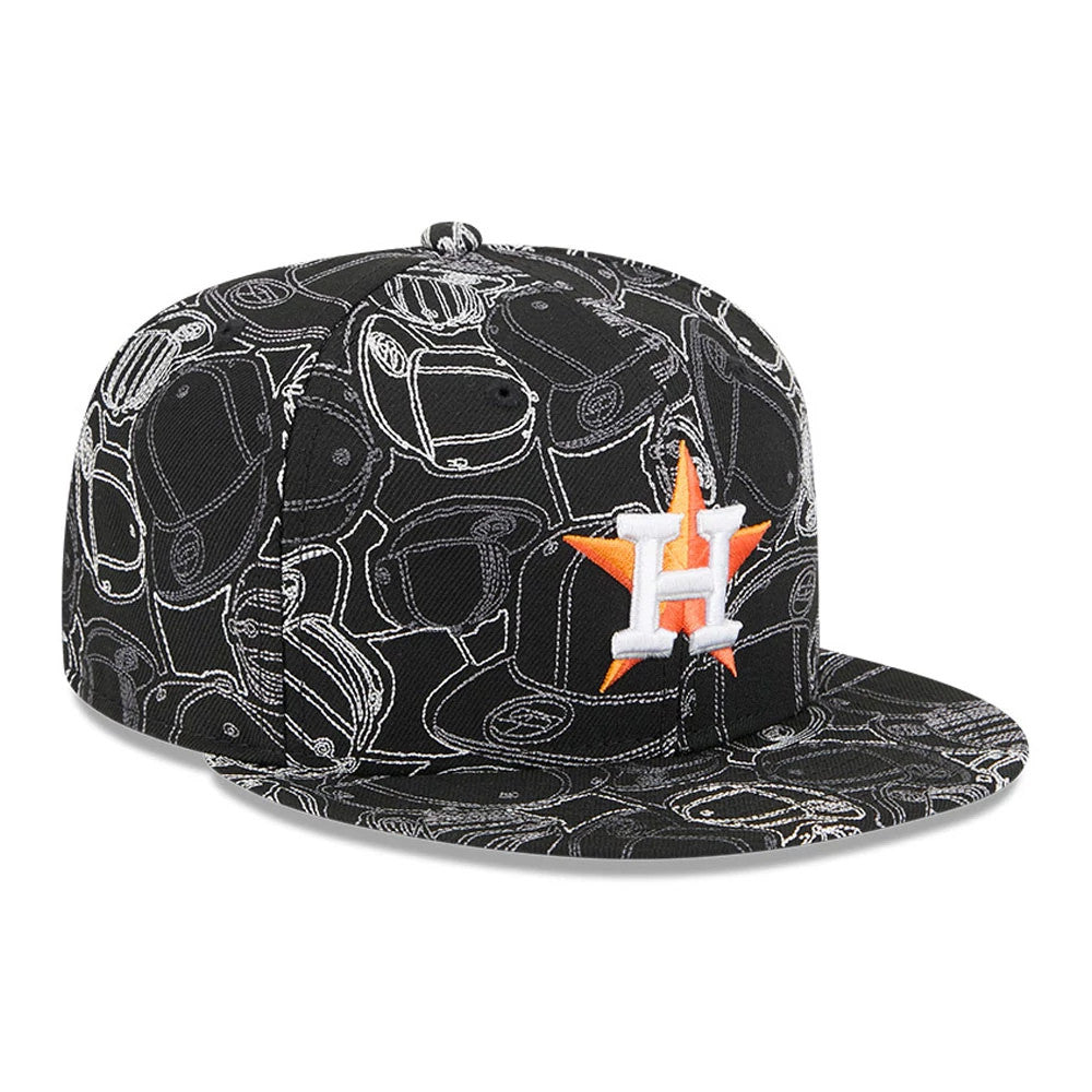 Houston Astros MLB Cap Scramble Black New Era 59FIFTY Fitted Cap, three-quarter view showing white and orange embroidered H star logo on the front panel, black visor and intricate line art cap pattern across the crown and visor.