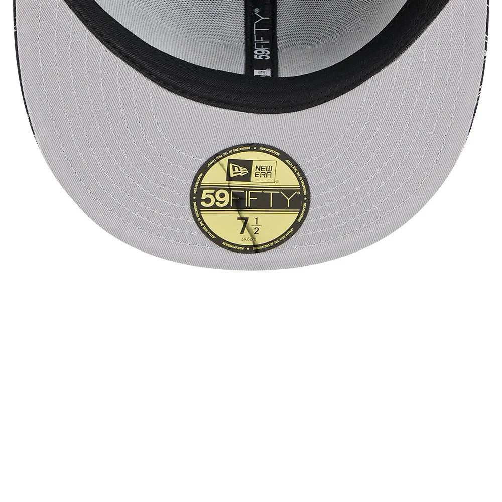 Houston Astros MLB Cap Scramble Black New Era 59FIFTY Fitted Cap, inside view showing the white and grey branded taping alongside a black sweatband and a gold 59FIFTY size sticker on the grey undervisor.