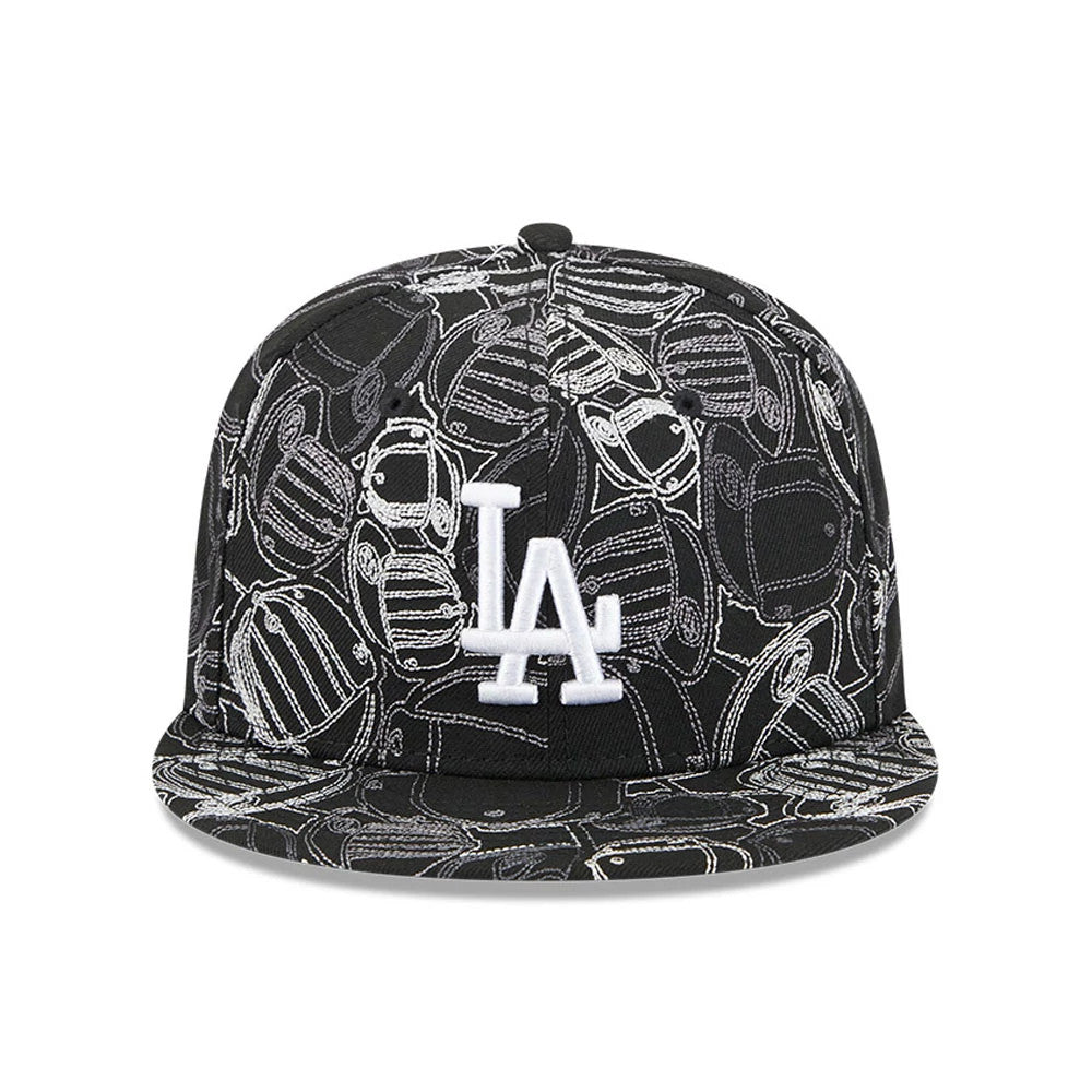 LA Dodgers MLB Cap Scramble Black New Era 59FIFTY Fitted Cap, front view showing a white embroidered LA logo on the front panel with a unique black and white baseball cap pattern covering the entire cap.