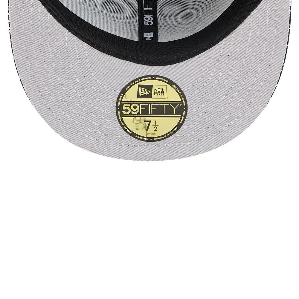 LA Dodgers MLB Cap Scramble Black New Era 59FIFTY Fitted Cap, inside view featuring a grey undervisor with a gold 59FIFTY size sticker and black sweatband, alongside black taping with white 59FIFTY lettering.