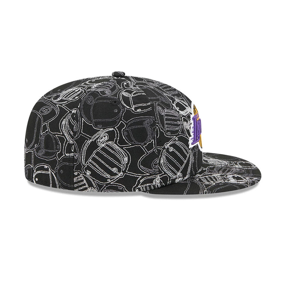 LA Lakers NBA Cap Scramble Black New Era 59FIFTY Fitted Cap, side view showing the purple and yellow Lakers logo on the front panel, with a black and white cap pattern covering the entire structured crown and visor.