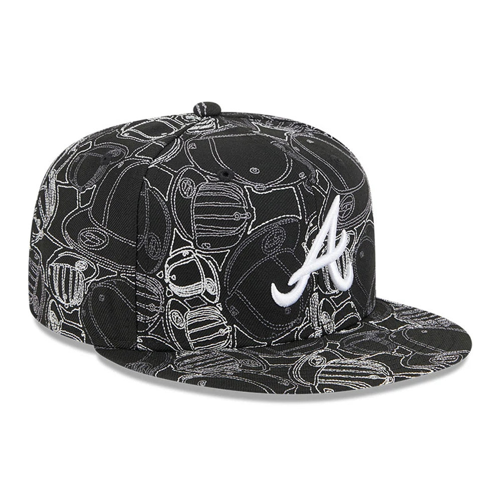 Atlanta Braves MLB Cap Scramble Black New Era 59FIFTY Fitted Cap, front view showing a raised white embroidered A logo on the front panel, with a black visor and a pattern of outlined cap graphics across the surface.