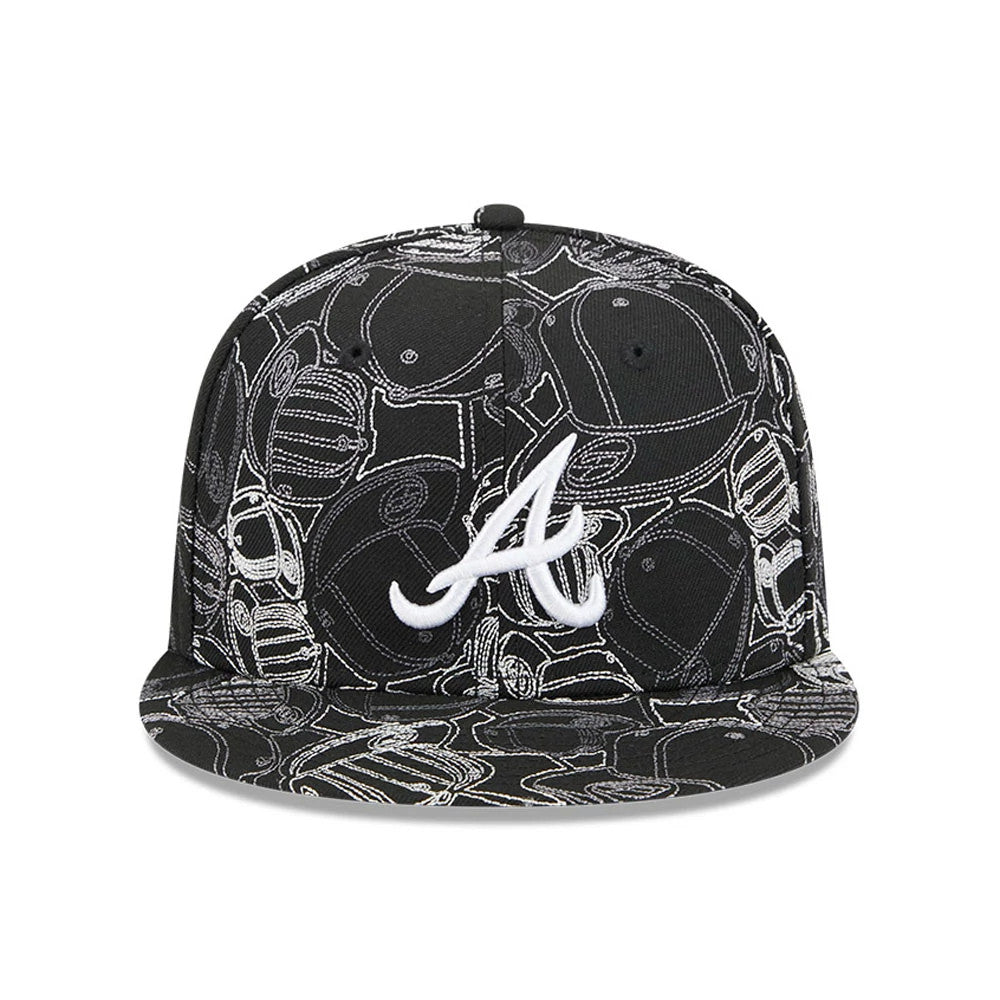 Atlanta Braves MLB Cap Scramble Black New Era 59FIFTY Fitted Cap, front view with a white raised embroidered A logo on the patterned black crown, featuring a black flat visor and black eyelets.