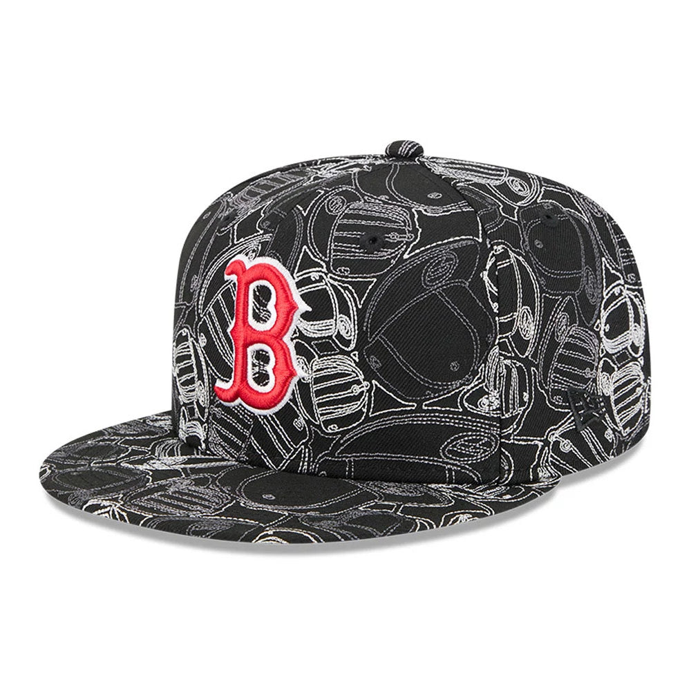 Boston Red Sox MLB Cap Scramble Black New Era 59FIFTY Fitted Cap, three-quarter view with a raised red B logo embroidered on the front panels, featuring a white scramble pattern across the black crown and visor.