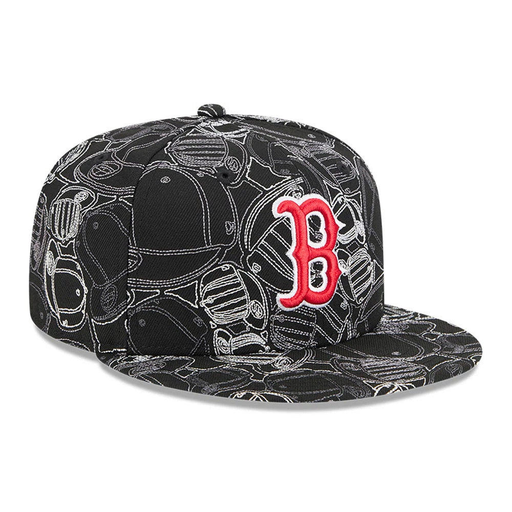 Boston Red Sox MLB Cap Scramble Black New Era 59FIFTY Fitted Cap, three-quarter view showing a large raised red embroidered B logo on the front panel against a black cap with an intricate all-over cap motif pattern.