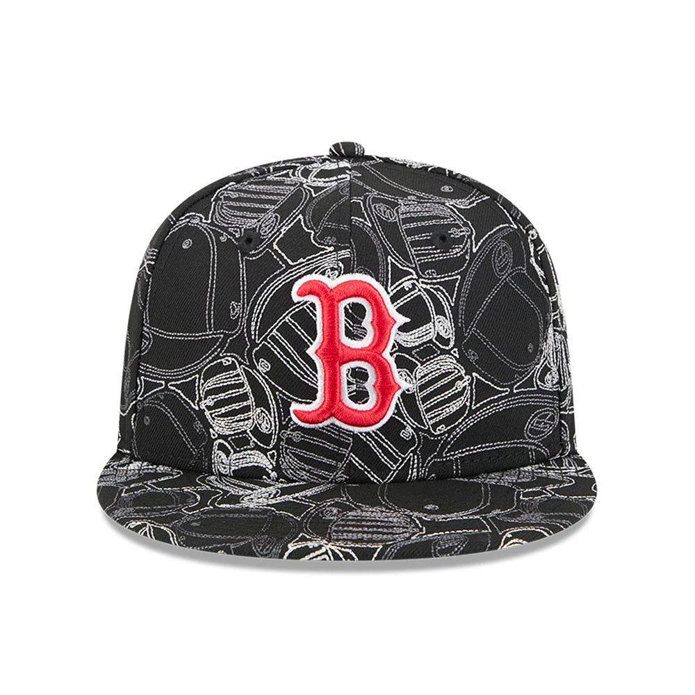 Boston Red Sox MLB Cap Scramble Black New Era 59FIFTY Fitted Cap, front view showing a raised red embroidered B logo on a black crown with a white all-over cap graphic pattern and a flat visor.