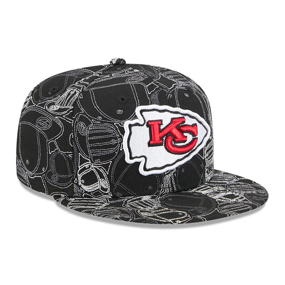 Kansas City Chiefs NFL Cap Scramble Black New Era 59FIFTY Fitted Cap, three-quarter view showing a raised red and white Chiefs logo embroidered on the front panel, with an intricate black and white patterned design on the crown and visor.