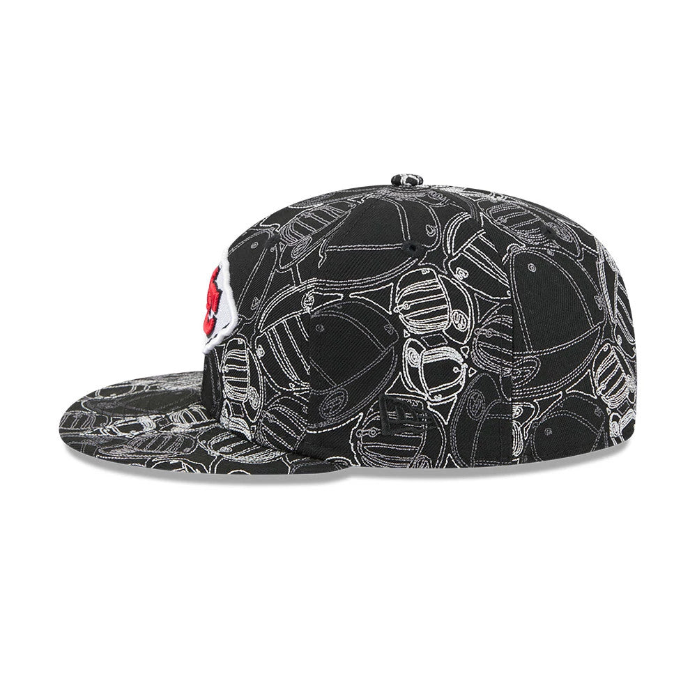 Kansas City Chiefs NFL Cap Scramble Black New Era 59FIFTY Fitted Cap, side view showing the intricate white cap pattern across the panels and visor, with a red and white Chiefs logo on the front panel and New Era flag logo on the left side.