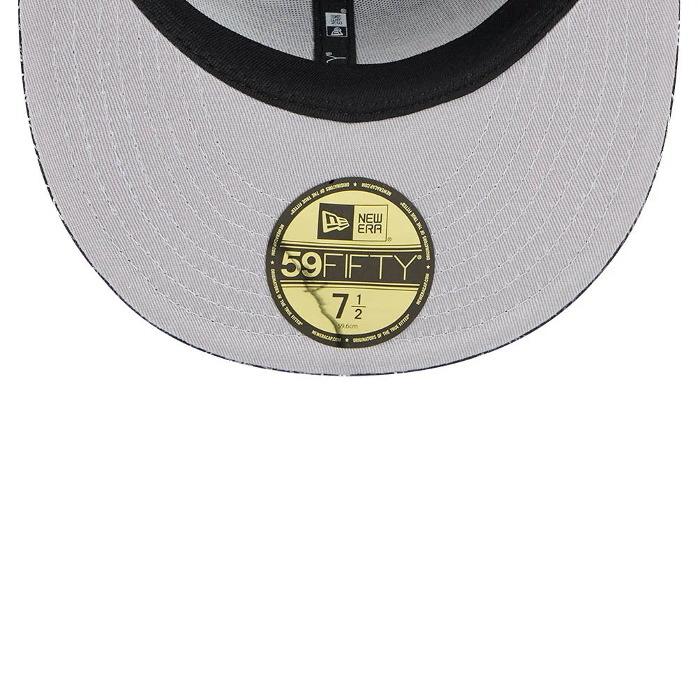 Kansas City Chiefs NFL Cap Scramble Black New Era 59FIFTY Fitted Cap, inside view showing the grey undervisor with a gold 59FIFTY size sticker, black taping, and the New Era logo on the black sweatband.