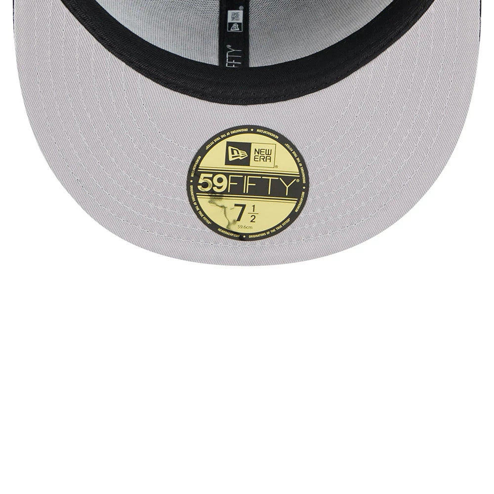 Anaheim Ducks NHL Cap Scramble Black New Era 59FIFTY Fitted Cap, inside view showing a black sweatband, grey undervisor, and a gold 59FIFTY size sticker at the centre with black New Era taping running over the seams.