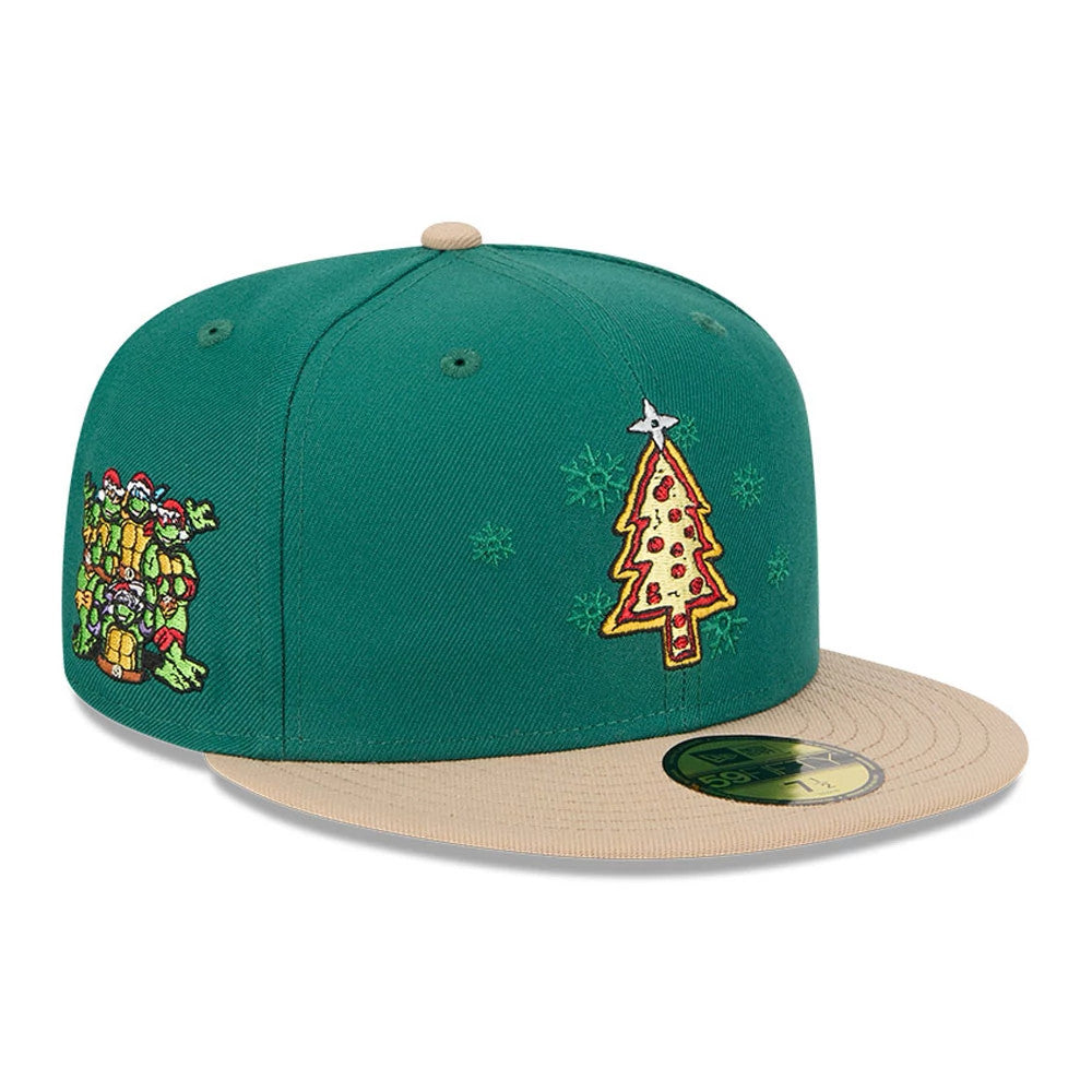 Teenage Mutant Ninja Turtles Pizza Tree Green New Era 59FIFTY Fitted Cap, three-quarter view with an embroidered pizza tree on the front panel, a group of Turtles on the side, green eyelets and a beige visor with a gold 59FIFTY size sticker.