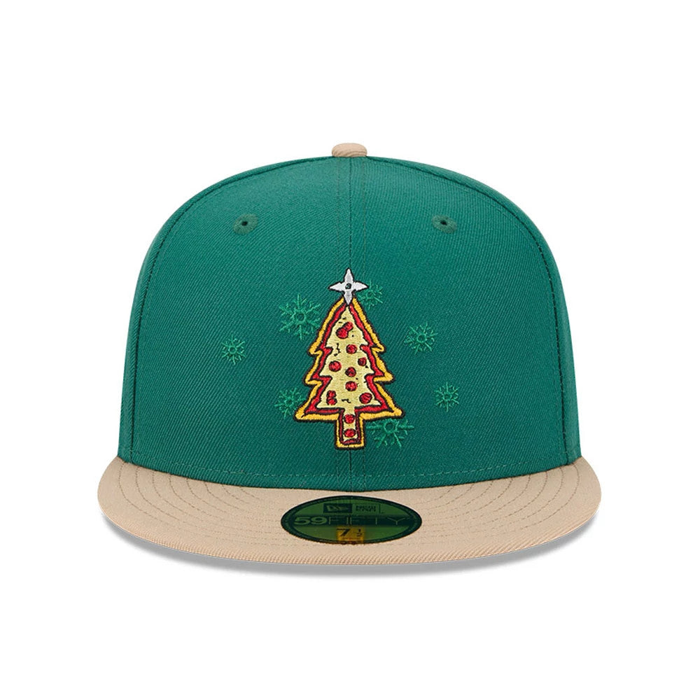 Teenage Mutant Ninja Turtles Pizza Tree Green New Era 59FIFTY Fitted Cap, front view showing a yellow embroidered Christmas tree-shaped pizza with red toppings and star on green crown, tan visor, and green undervisor with gold 59FIFTY size sticker.