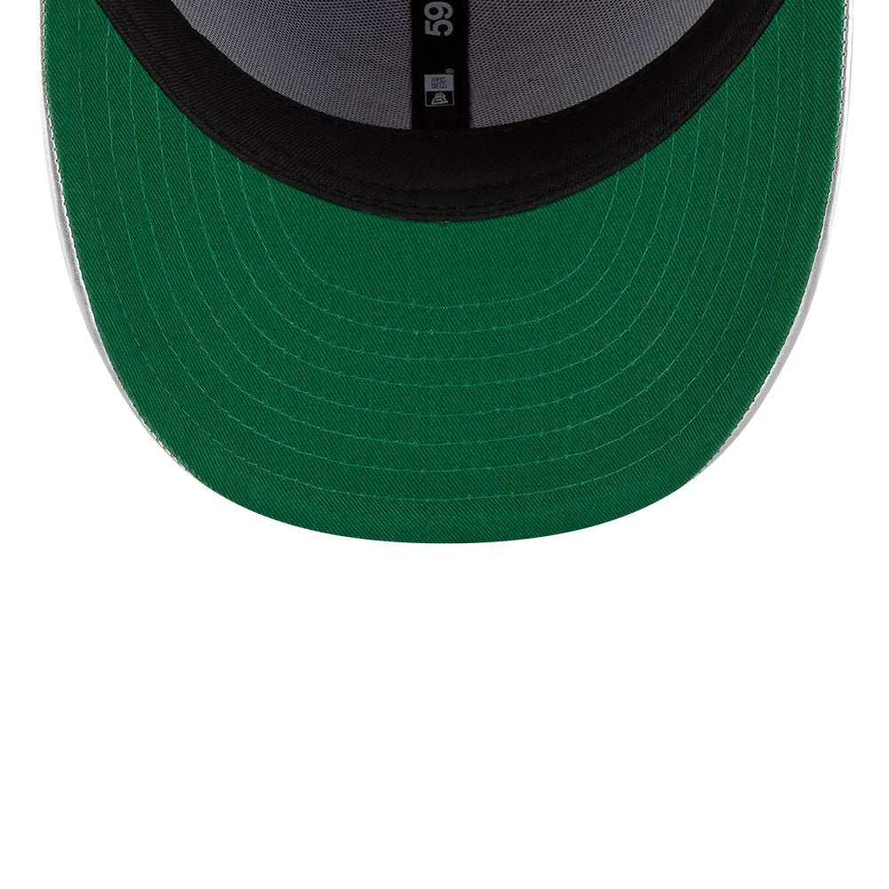 Teenage Mutant Ninja Turtles Shredder Purple New Era 59FIFTY Fitted Cap, inside view showing the grey taping with New Era branding, a green undervisor and a black sweatband surrounding the inner crown.