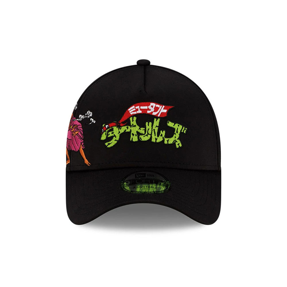 Teenage Mutant Ninja Turtles Kanji Black New Era 9FORTY A-Frame Adjustable Cap, front view showing red and green kanji embroidery across the structured black crown, with a 9FORTY size sticker on the curved black visor.