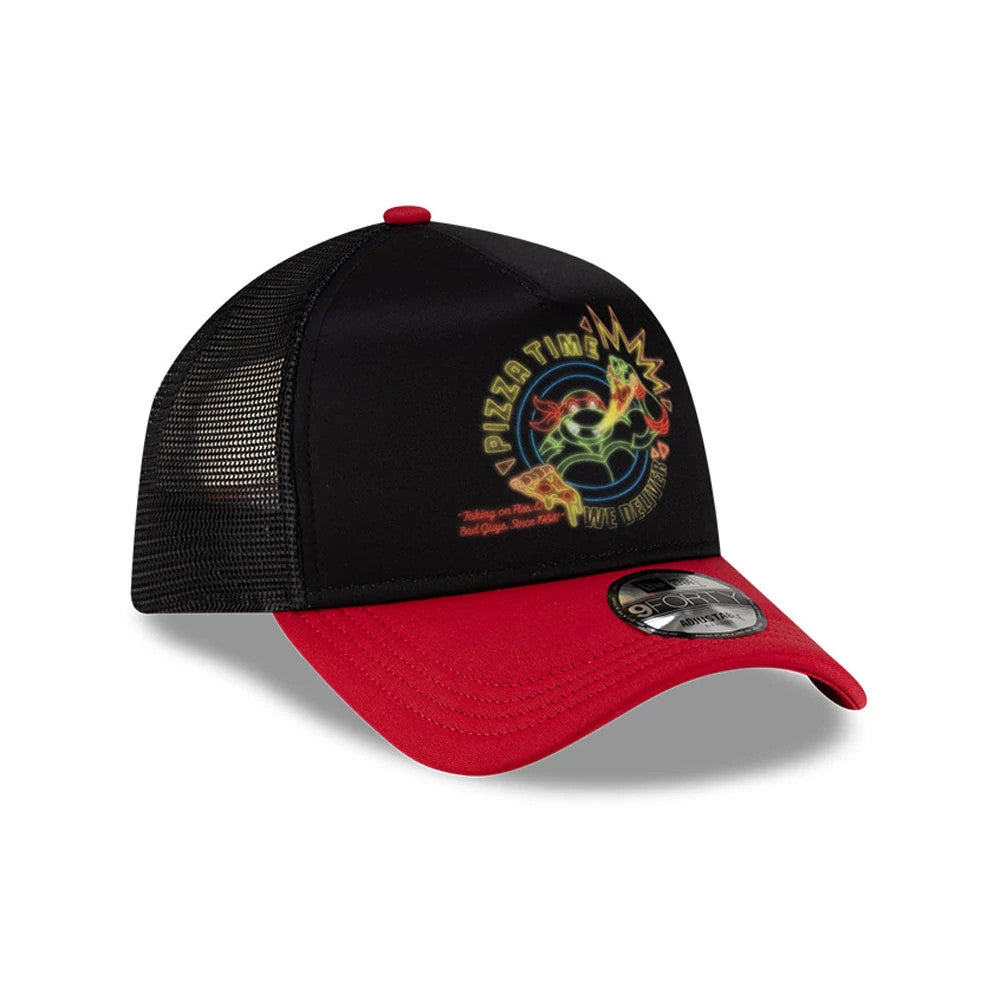 Teenage Mutant Ninja Turtles Neon Sign Black New Era 9FORTY A-Frame Adjustable Cap, three-quarter view showing neon-style multicoloured embroidery of a turtle with pizza on the front panel, red visor and 9FORTY size sticker on the flat red visor.