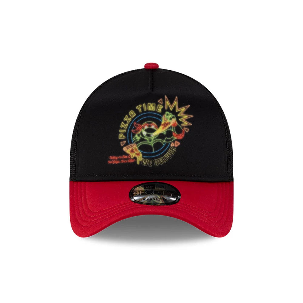 Teenage Mutant Ninja Turtles Neon Sign Black New Era 9FORTY A-Frame Adjustable Cap, front view showing a neon pizza time graphic on the black crown with a red visor and a 9FORTY size sticker.