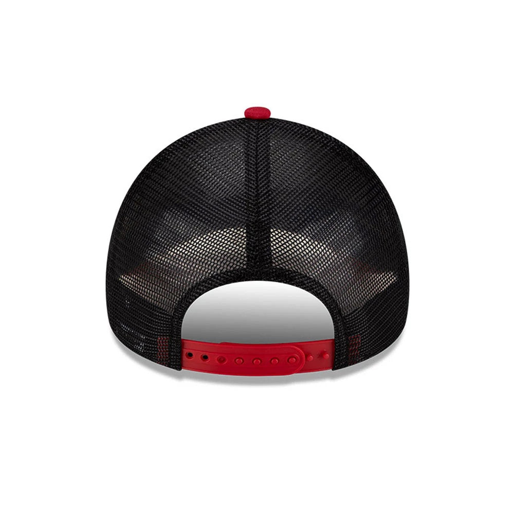 Teenage Mutant Ninja Turtles Neon Sign Black New Era 9FORTY A-Frame Adjustable Cap, rear view showing the red snap closure on a black mesh structure, with a contrasting red top button on the crown.