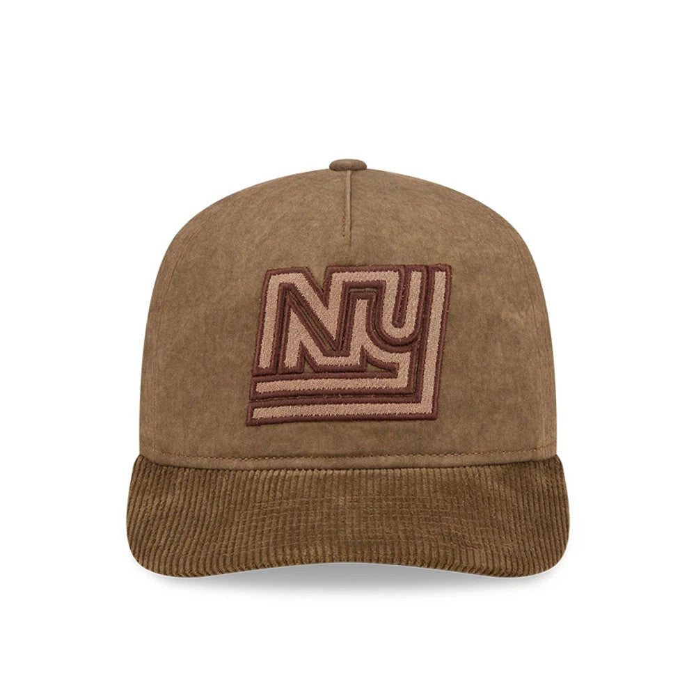 New York Giants NFL Utility Linen Open Brown New Era 19TWENTY Adjustable Cap, front view showing a brown embroidered NY logo on the structured brown crown with a corduroy brown visor.