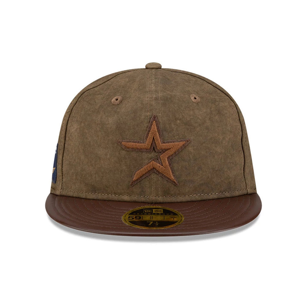 Houston Astros MLB Open Brown Retro Crown New Era 59FIFTY Fitted Cap, front view showing a brown embroidered star logo on the front panel with a matching brown flat visor and gold 59FIFTY size sticker.
