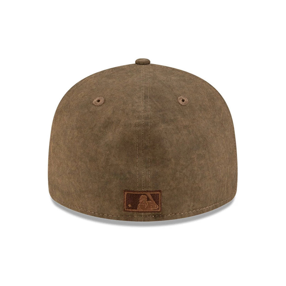 Houston Astros MLB Open Brown Retro Crown New Era 59FIFTY Fitted Cap, rear view showing the brown embroidered MLB Batterman logo at the centre of the back panels, with matching brown eyelets and a rustic textured finish on the crown.