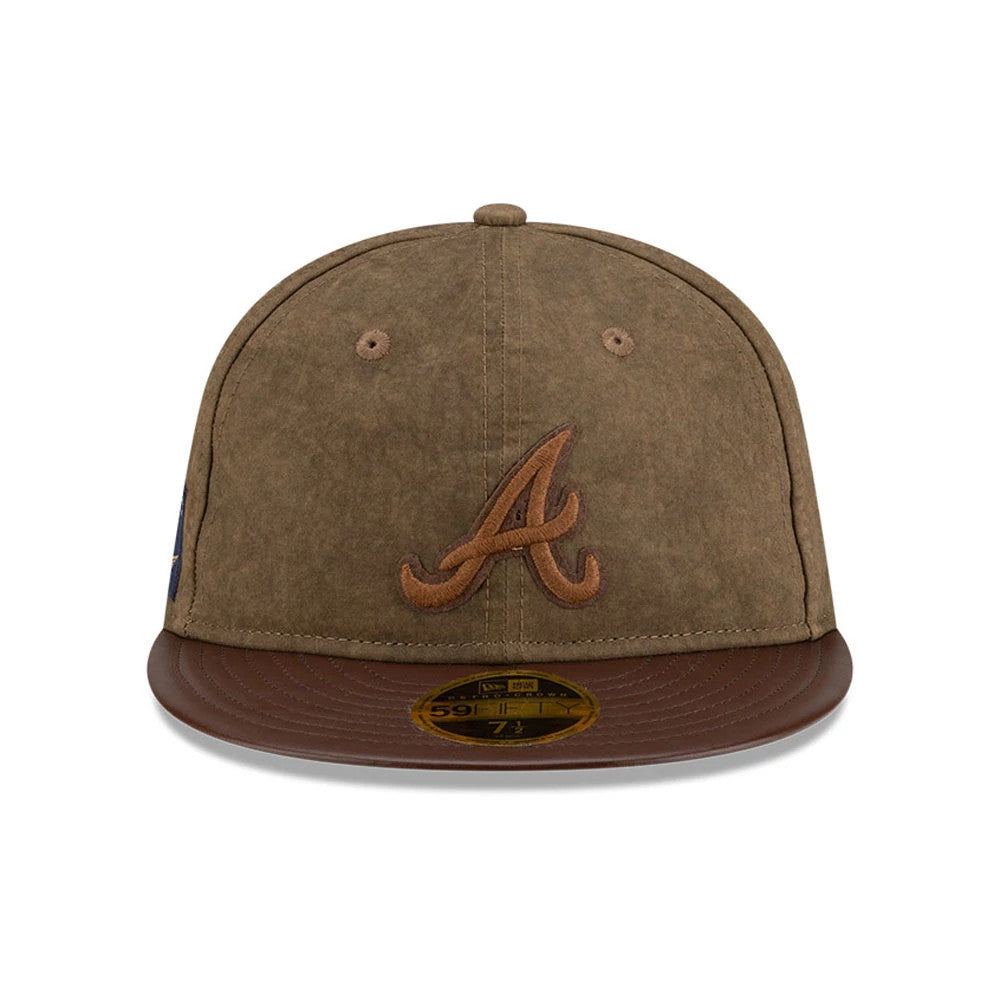 Atlanta Braves MLB Open Brown Retro Crown New Era 59FIFTY Fitted Cap, front view showing the raised brown embroidered A logo on the soft structured crown, with a matching brown flat visor and gold 59FIFTY size sticker.