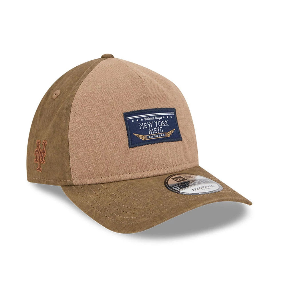 New York Mets MLB Open Brown New Era 9TWENTY A-Frame Adjustable Cap, three-quarter view showing the blue and yellow team patch on the front panel, curved brown visor, brown crown, and 9TWENTY size sticker on the visor.