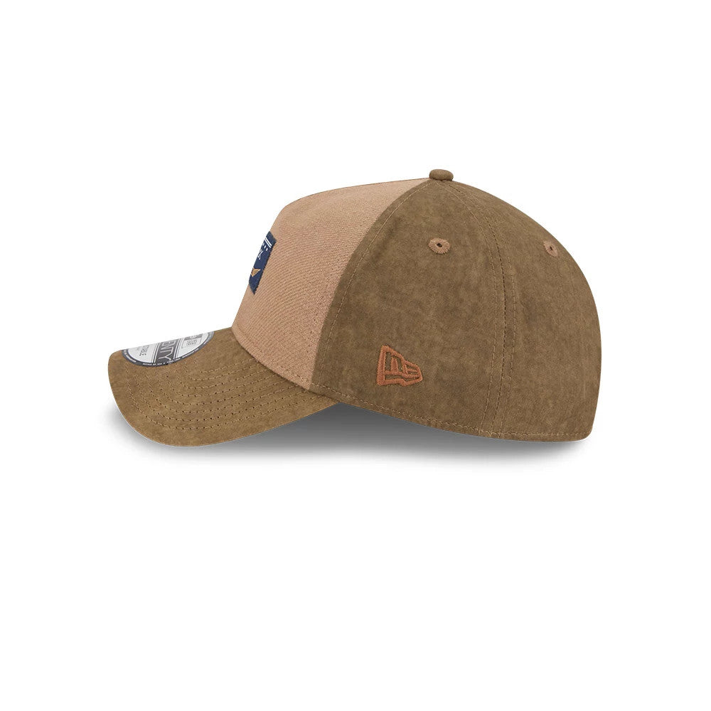New York Mets MLB Open Brown New Era 9TWENTY A-Frame Adjustable Cap, side view showing the dark brown embroidered New Era flag logo on the left side, with a contrast between the brown visor and tan front panels.