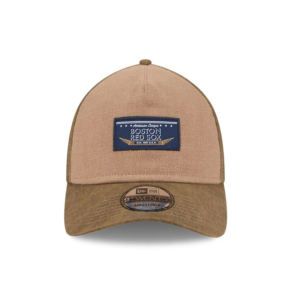 Boston Red Sox MLB Open Brown New Era 9TWENTY A-Frame Adjustable Cap, front view showing a navy and white embroidered Boston Red Sox patch on the brown crown with a curved brown visor and 9TWENTY size sticker.