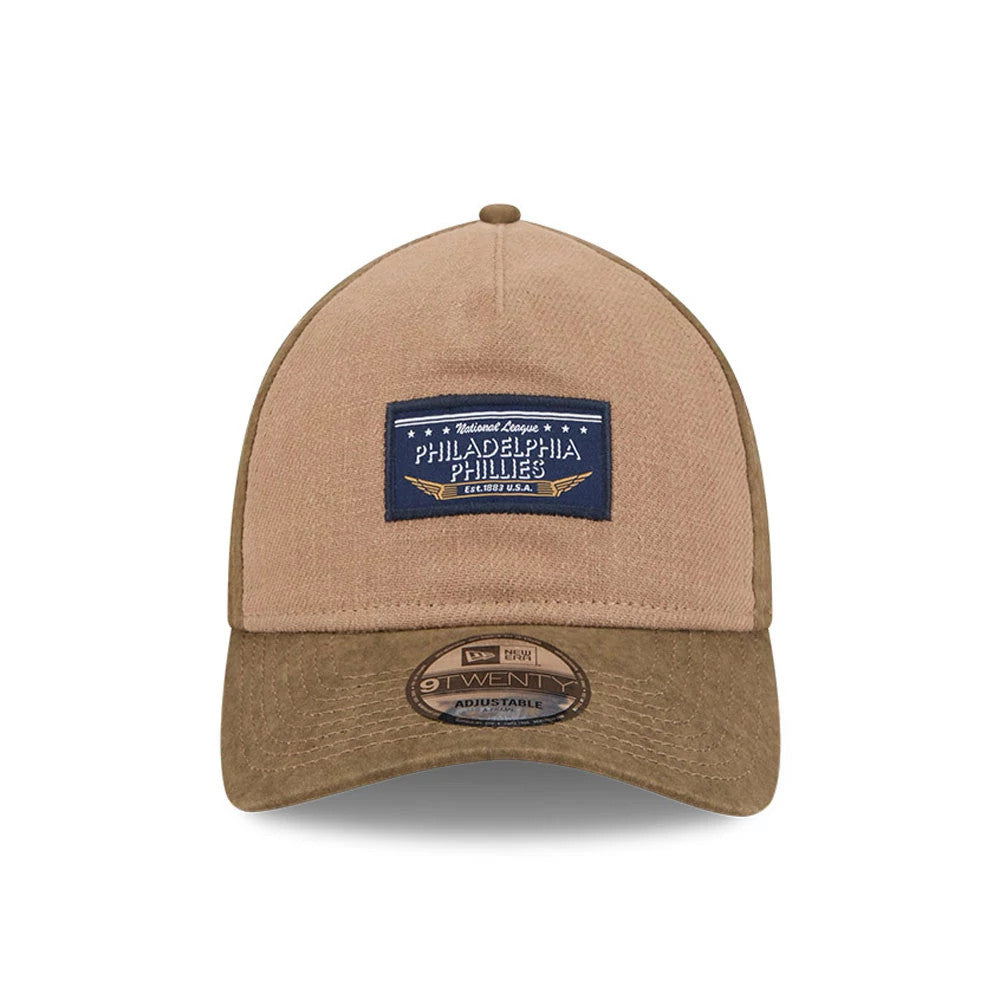 Philadelphia Phillies MLB Open Brown New Era 9TWENTY A-Frame Adjustable Cap, front view showing the embroidered navy and white Phillies patch on the structured brown crown, with a brown visor and a 9TWENTY size sticker.