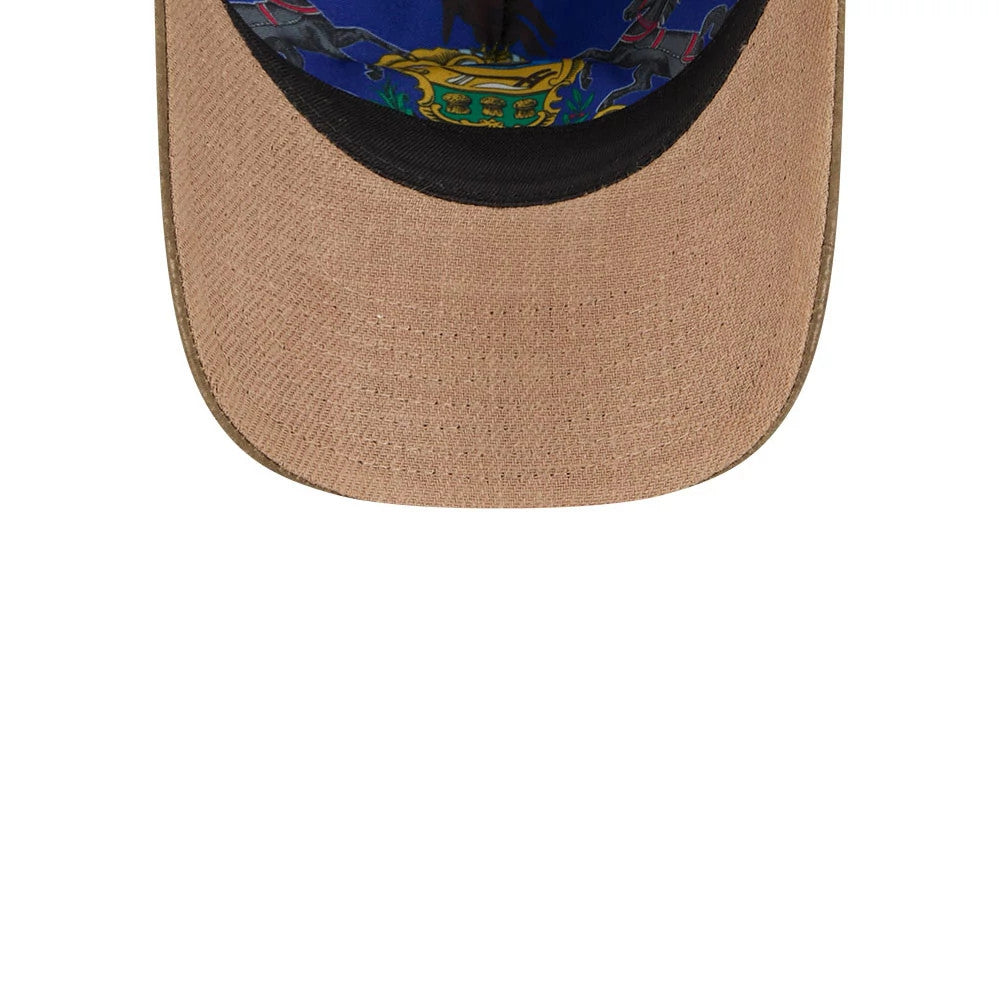 Philadelphia Phillies MLB Open Brown New Era 9TWENTY A-Frame Adjustable Cap, inside view showing a colourful graphic on the blue undervisor, contrasting with the tan visor and black sweatband.