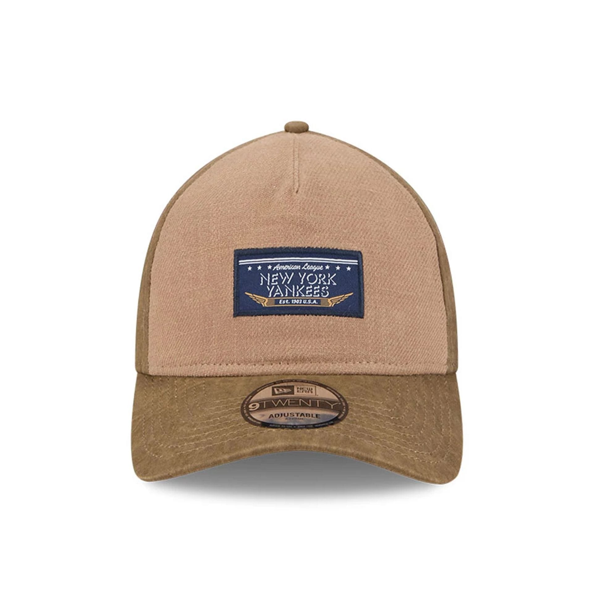 Pictured is this MLB Utility Linen New York Yankees 9TWENTY A-Frame cap in open brown. 2