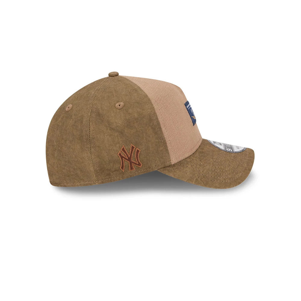 New York Yankees MLB Open Brown New Era 9TWENTY A-Frame Adjustable Cap, side view showing the brown embroidered NY logo on the back panel, with a brown visor and 9TWENTY size sticker on the visor.
