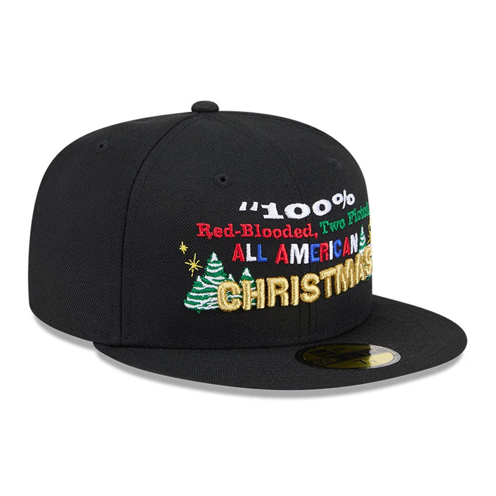 A Christmas Story Warner Brothers Black New Era 59FIFTY Fitted Cap, front view showing colourful raised embroidery with festive text and tree graphics, gold 59FIFTY size sticker on the flat black visor.