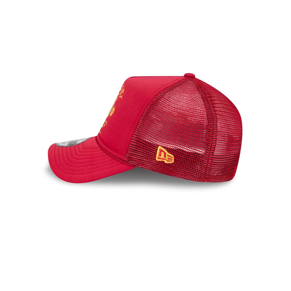 A Christmas Story Red New Era 9FORTY A-Frame Trucker Adjustable Cap, side view showing the yellow New Era flag logo on the red mesh back panels and the curved red visor with stitching.