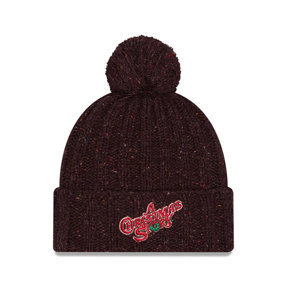 New Era A Christmas Story Open Brown Cuff knit Beanie Hat, front view showing the red and green embroidered A Christmas Story logo on the cuff, with a textured knit fabric and topped with a matching pom pom.
