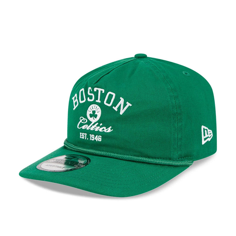 Boston Celtics NBA All Star Game 2026 Green New Era 19TWENTY Adjustable Cap, three-quarter view showing the white embroidered Boston Celtics text and clover logo on the front panel, with a matching green visor featuring a 19TWENTY size sticker.