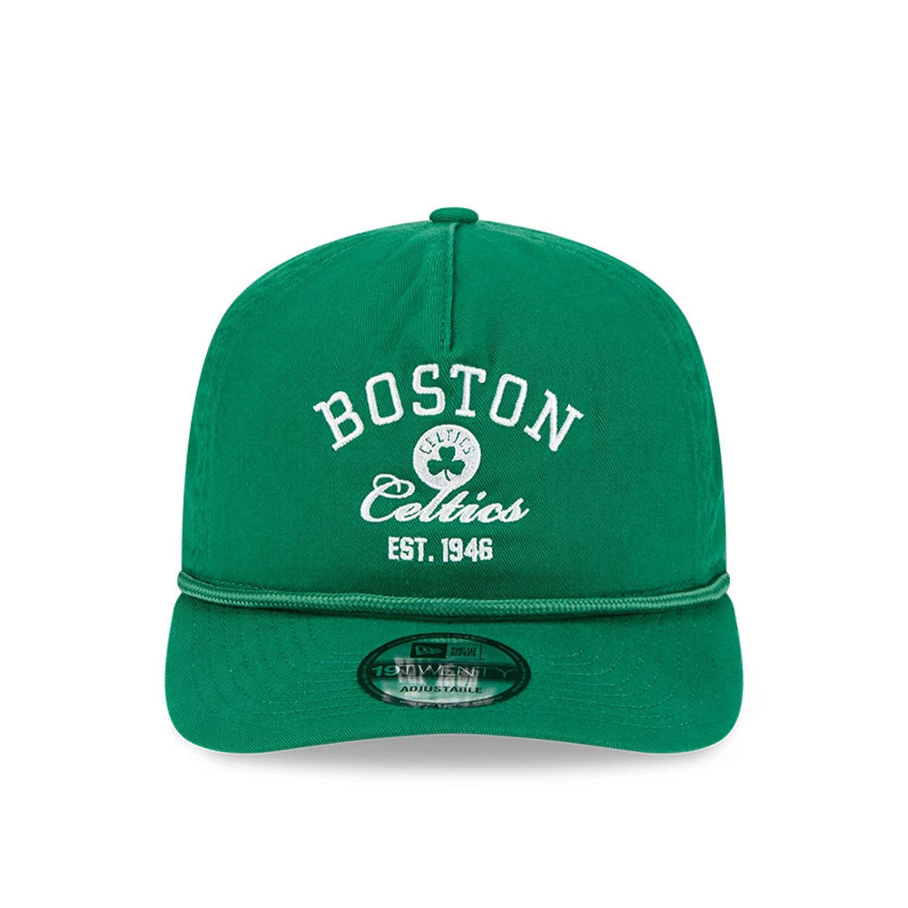 Boston Celtics NBA All Star Game 2026 Green New Era 19TWENTY Adjustable Cap, front view showing the white embroidered Boston Celtics logo with Est. 1946 lettering on the green crown, and a 19TWENTY size sticker on the flat green visor.