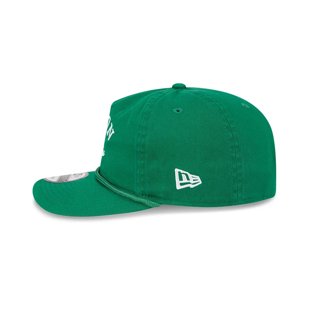 Boston Celtics NBA All Star Game 2026 Green New Era 19TWENTY Adjustable Cap, side view with white embroidered New Era flag logo on the left side, showing the rounded green crown, flat visor with a 19TWENTY size sticker and matching green rope detail.